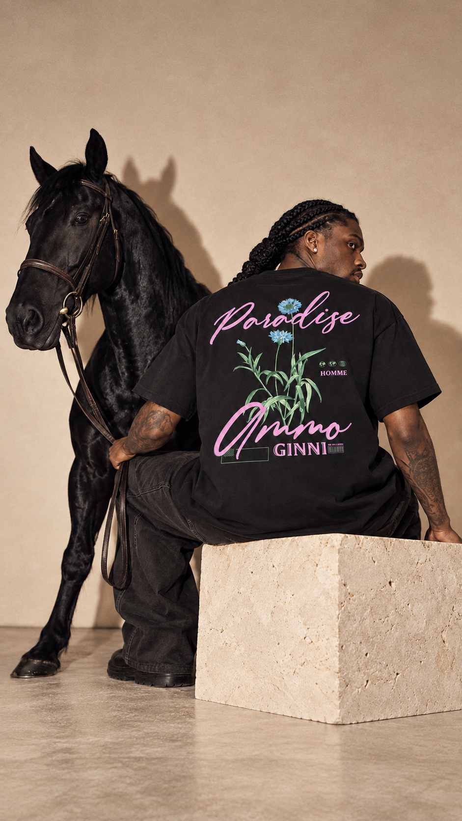Schwarzes Oversized T-Shirt mit Palmen Print Vorderseite – AmmoGinni Paradise Tee kaufen