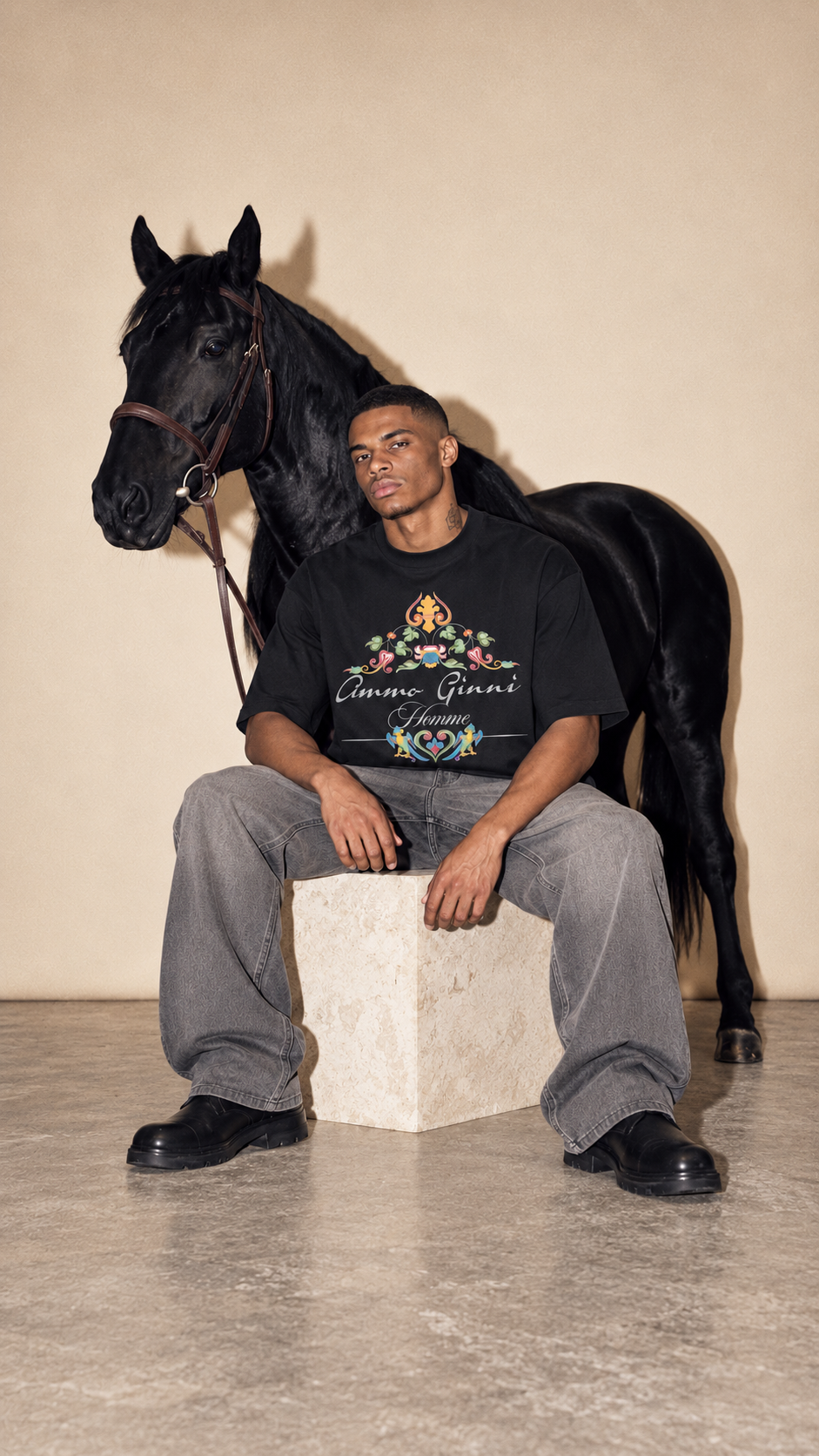 Schwarzes Oversized T-Shirt mit Kronen Print Vorderseite – AmmoGinni Royal Tee kaufen